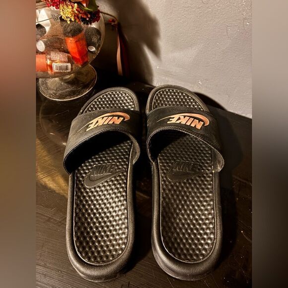 Nike Benassi Black and Gold Slide Sandals - Picture 3 of 4